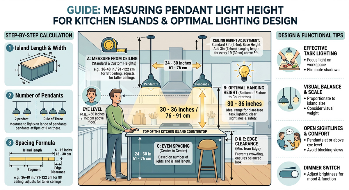 Graphic showing how to measure pendant light height from a kitchen island for optimal home lighting design.