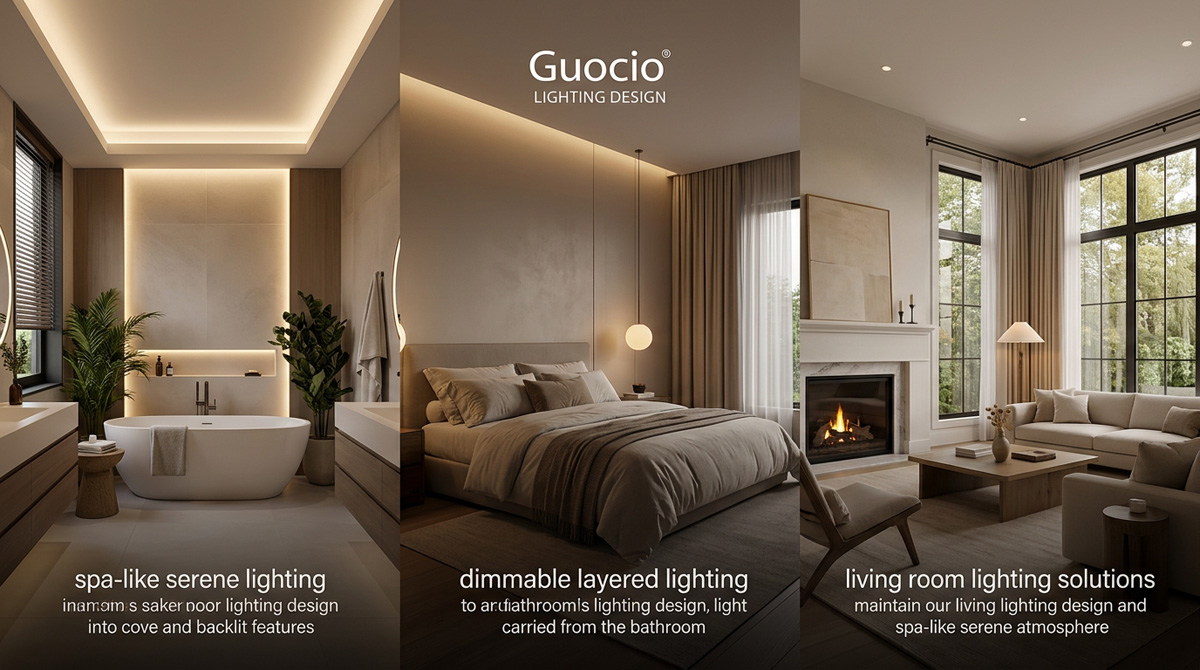 Guocio lighting design services demonstrating how to carry spa-like serene lighting from the bathroom to bedroom lighting design and living room lighting solutions.