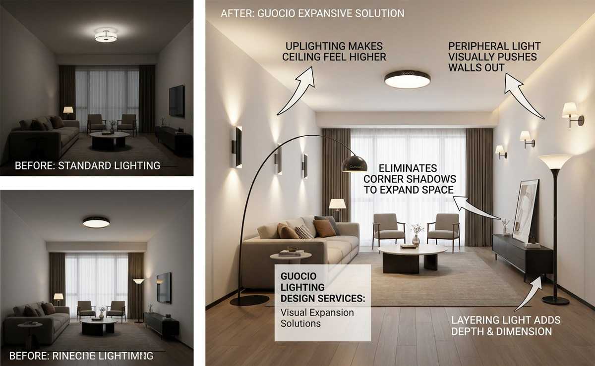Guocio lighting design services demonstrating how to use wall lamps and floor lamps to visually expand living room lighting solutions.