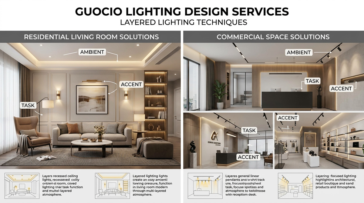 Guocio lighting design services demonstrating layered lighting techniques in living room lighting solutions and commercial spaces.