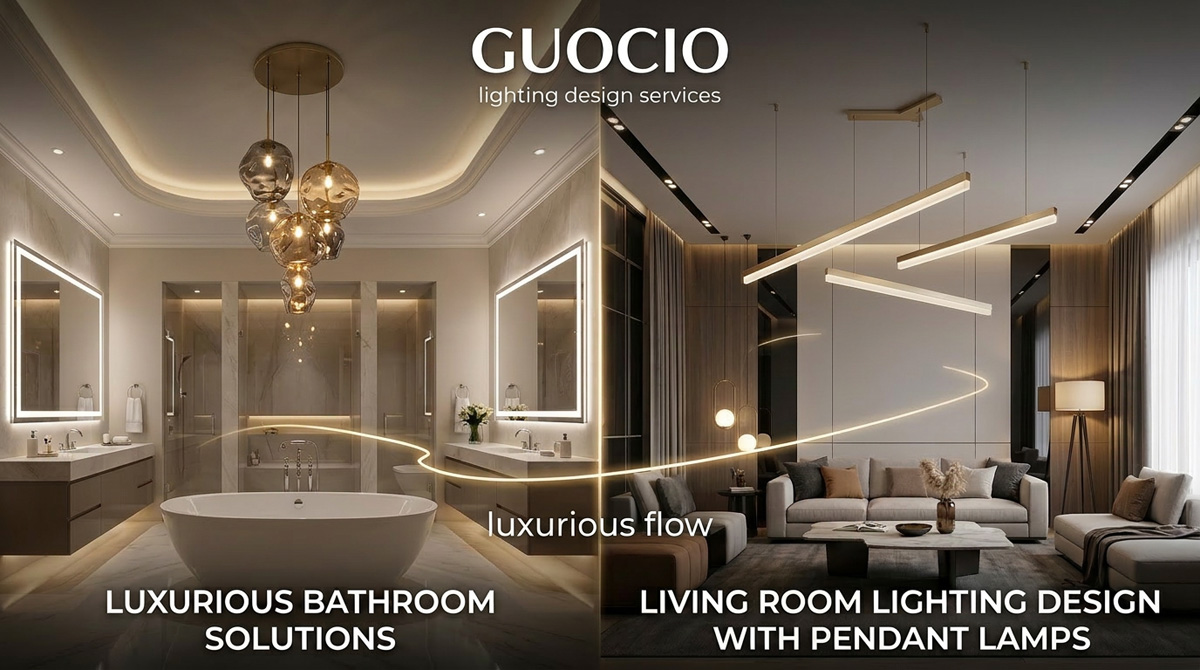 Guocio lighting design services demonstrating luxurious flow from bathroom lighting solutions to living room lighting design with pendant lamps.