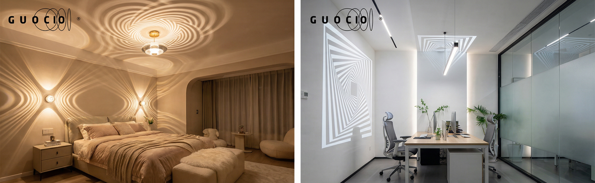 Guocio lighting design services demonstrating optical illusion lighting in bedroom lighting solutions and office lighting design.