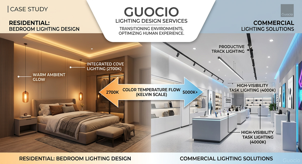 Guocio lighting design services demonstrating perfect color temperature flow from bedroom lighting design to commercial lighting solutions。.