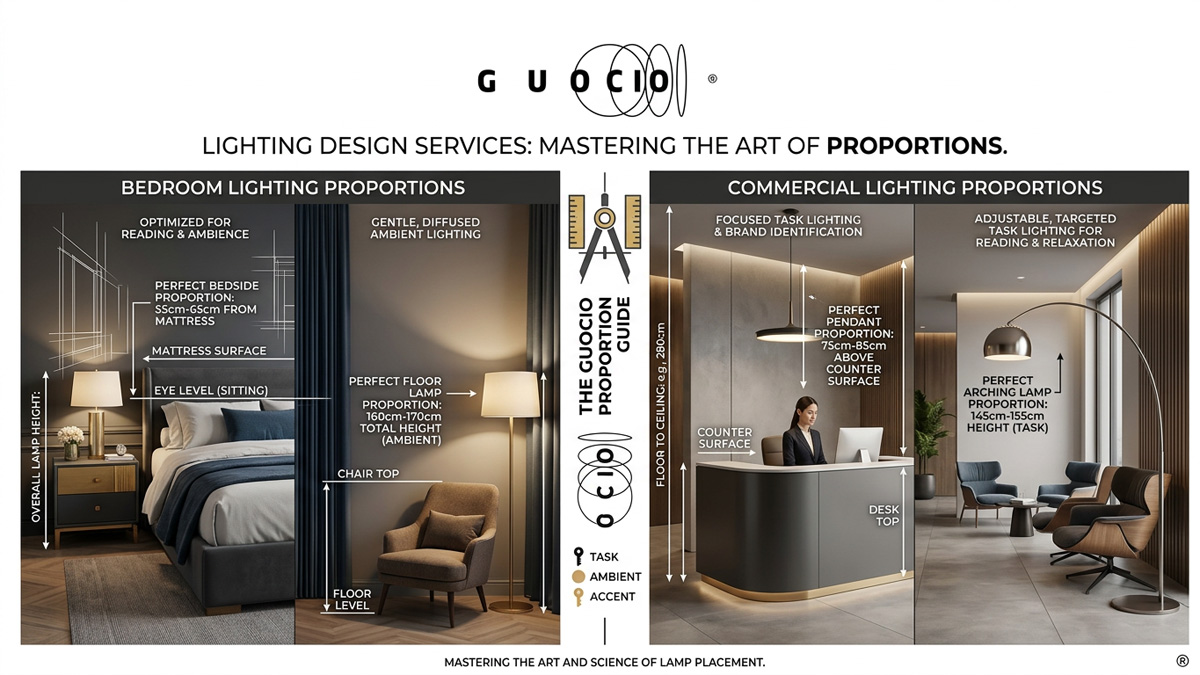 Guocio lighting design services demonstrating perfect lamp height proportions in bedroom lighting solutions and commercial settings.