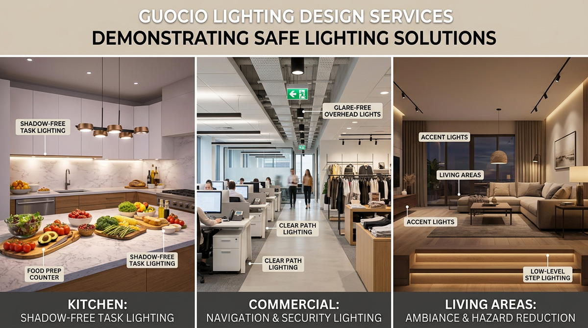 Guocio lighting design services demonstrating safe lighting solutions across kitchen lighting design, commercial spaces, and living areas.
