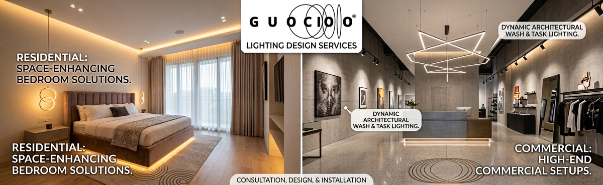 Guocio lighting design services demonstrating space-enhancing lighting in bedroom lighting solutions and commercial setups.