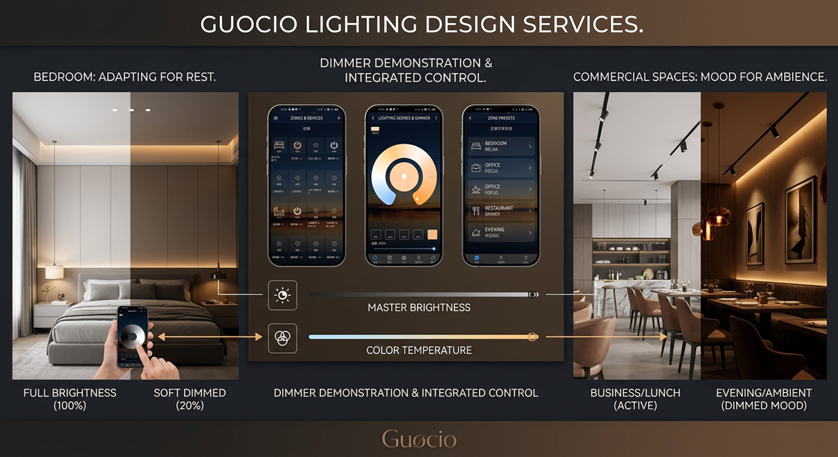 Guocio lighting design services demonstrating the use of dimmers in bedroom lighting design and commercial spaces.