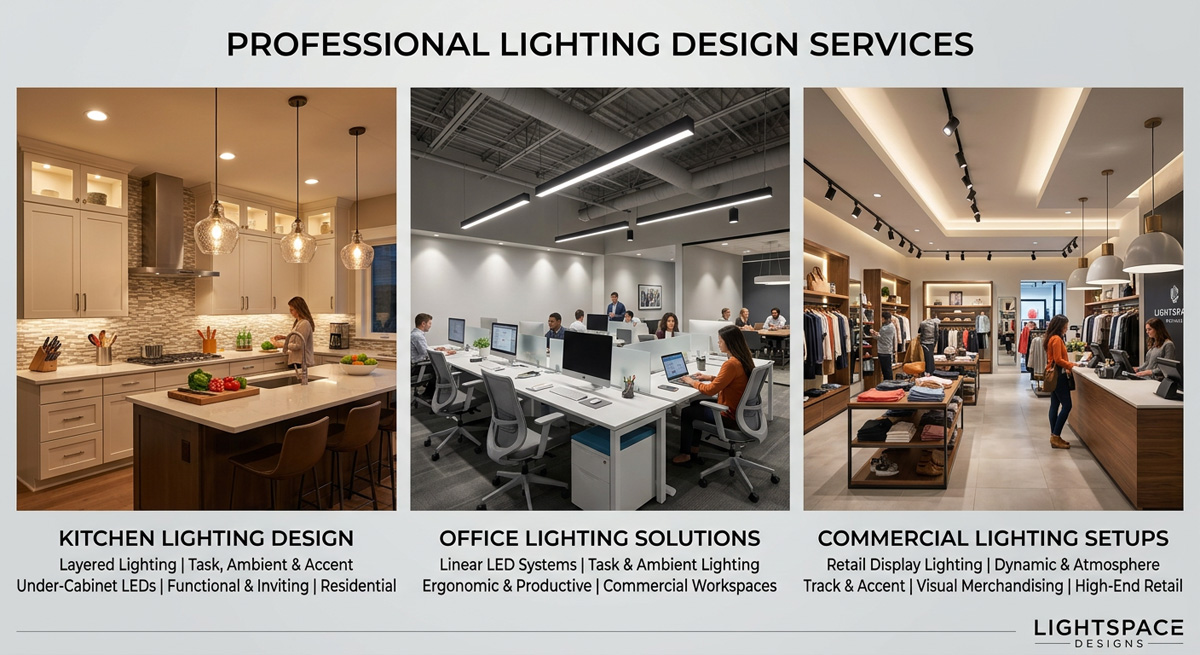 Guocio lighting design services displaying kitchen lighting design, office lighting solutions, and commercial lighting setups.