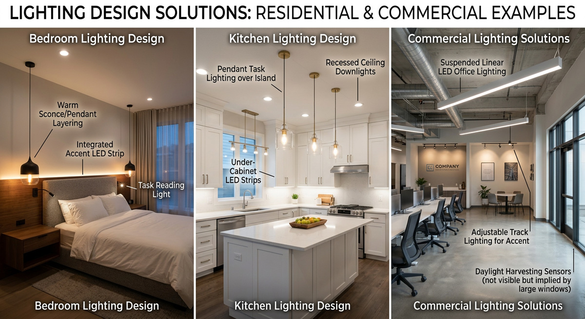 Guocio lighting design services displaying seamless flow into bedroom lighting design and commercial lighting solutions.