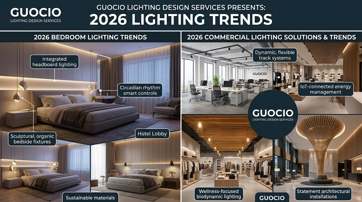 Guocio lighting design services showing 2026 lighting trends applied across bedroom lighting design and commercial lighting solutions.