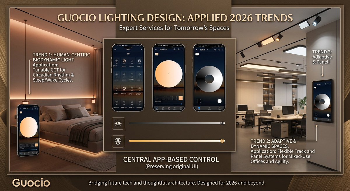 Guocio lighting design services showing how 2026 trends apply to bedroom lighting design and commercial lighting solutions.