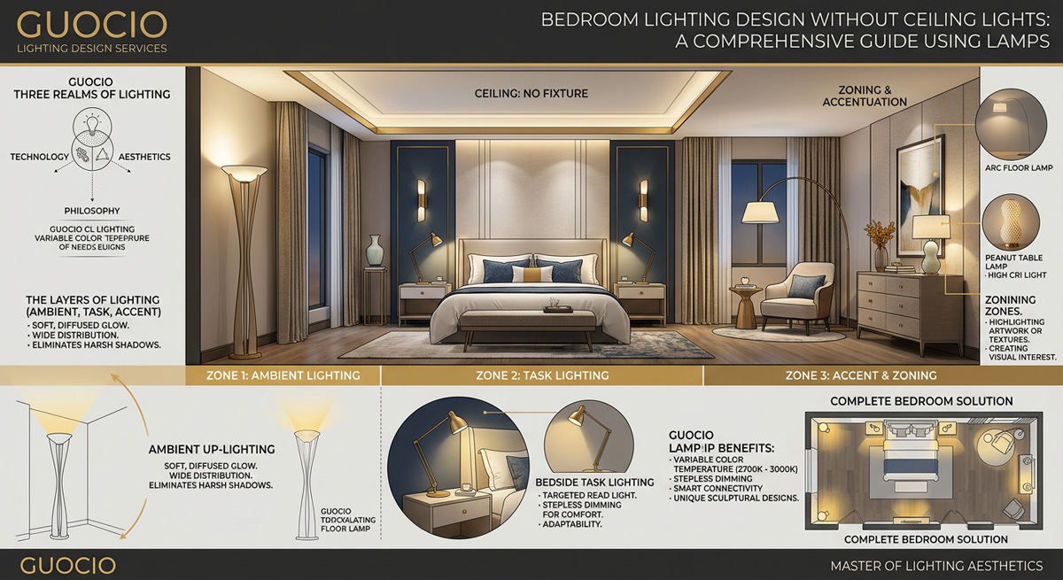 Guocio lighting design services showing how to use table lamps and floor lamps in a bedroom lighting design without ceiling lights.