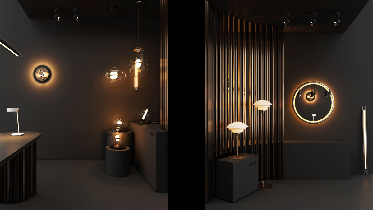 Guocio lighting design services showing proportional use of floor lamps, table lamps, and commercial lighting solutions.