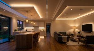 Guocio lighting design services showing seamless flow between kitchen and living room lighting solutions.