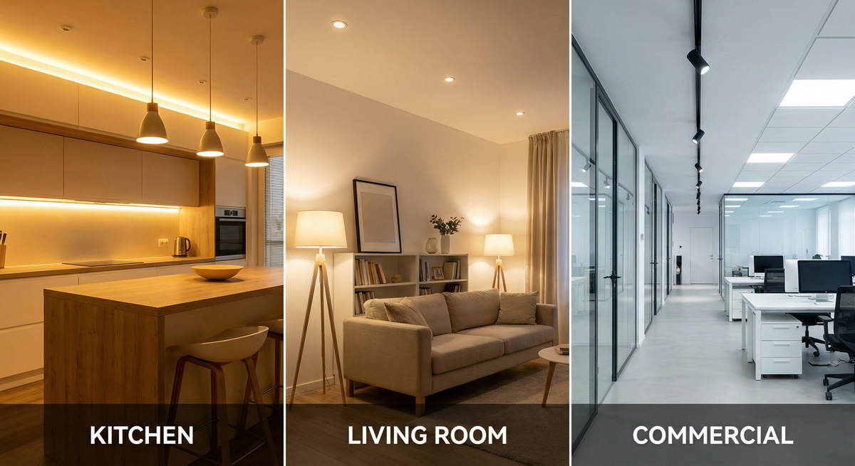 Guocio lighting design services showing smooth color temperature transitions between kitchen, living room lighting solutions, and commercial spaces.