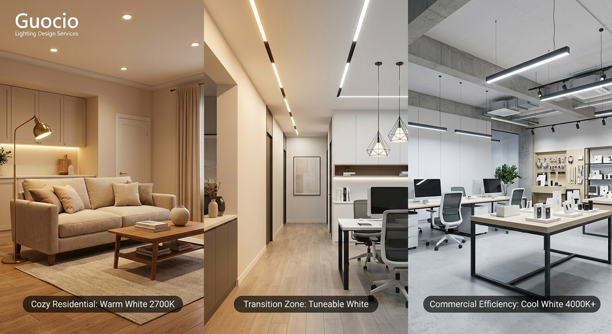 Guocio lighting design services showing smooth color temperature transitions from living room lighting solutions to commercial lighting.