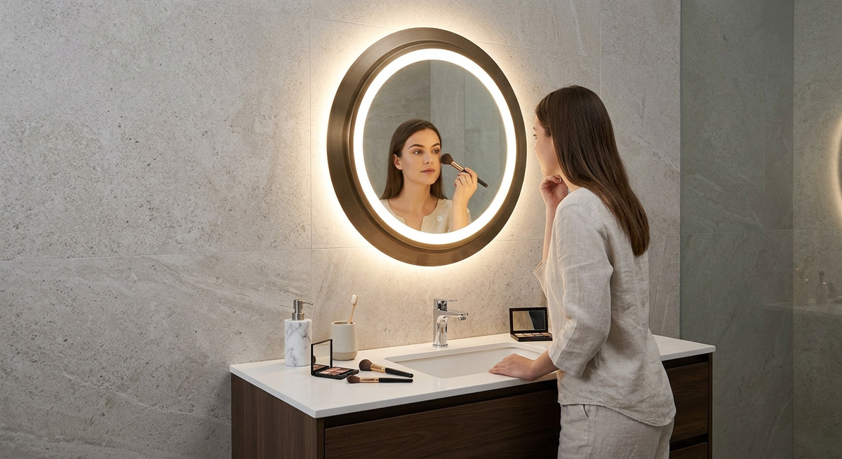 Guocio mirror light above a bathroom vanity providing optimal task lighting and reducing shadows.