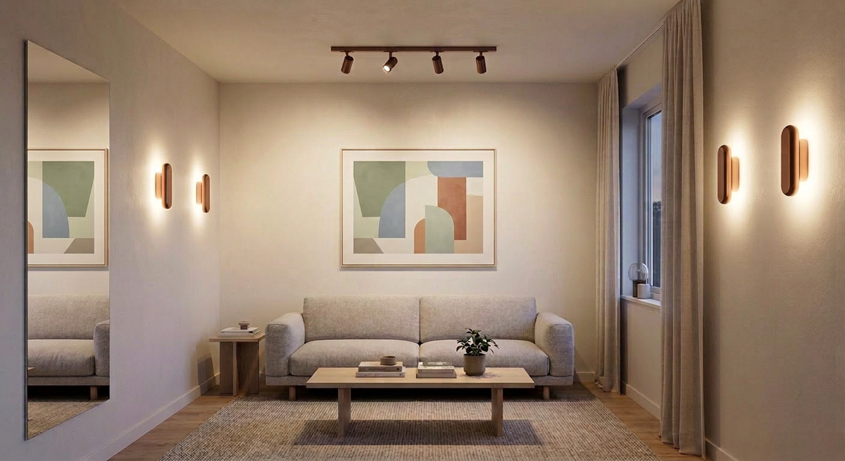 Guocio wall lamps and spot lights washing the walls with light to visually expand a small living room.