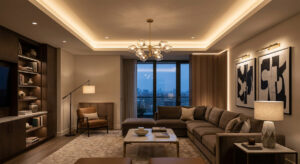 Layered lighting design concept in modern luxury living room
