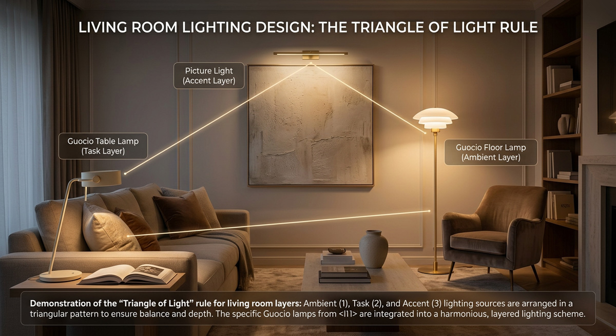 Living room lighting design demonstrating the triangle of light rule using a Guocio table lamp and floor lamp.