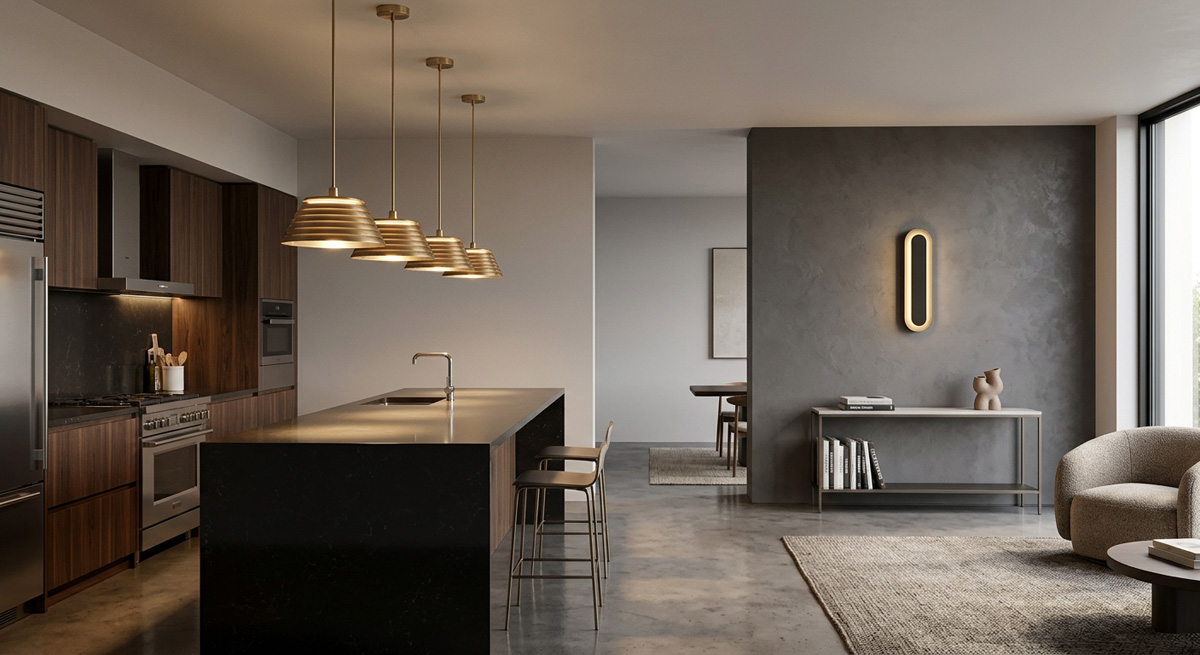 Matching brushed brass finishes on kitchen pendant lamps and a living room wall lamp, demonstrating cohesive lighting solutions.