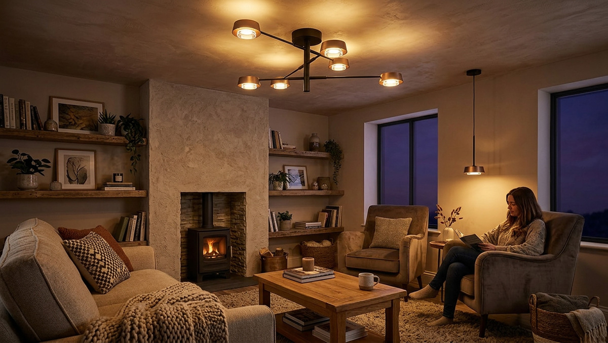 Modern Guocio ceiling lamp and pendant lamp providing ambient lighting in a cozy living room.