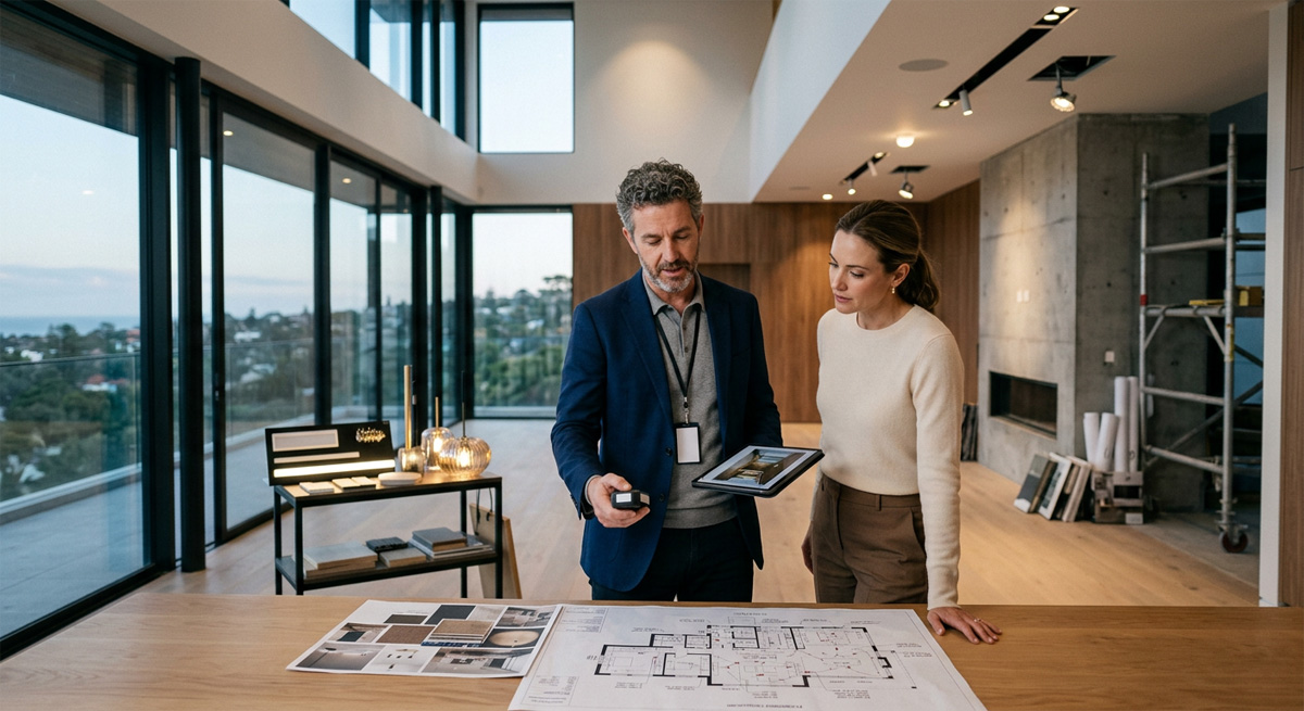 Professional lighting designer consulting client in luxury residential project