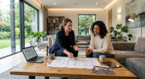 Professional lighting designer reviewing architectural plans with homeowner in modern living room