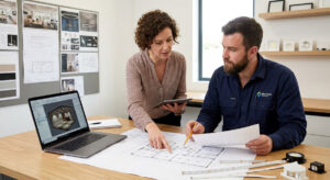 Professional lighting designer reviewing project timeline with architect and homeowner over architectural plans