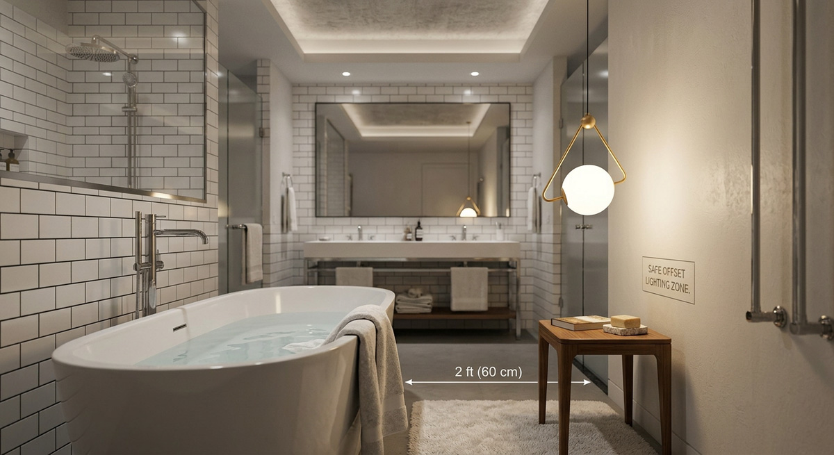 An example of the offset method, hanging a pendant lamp near but not directly over the bathtub for safety.