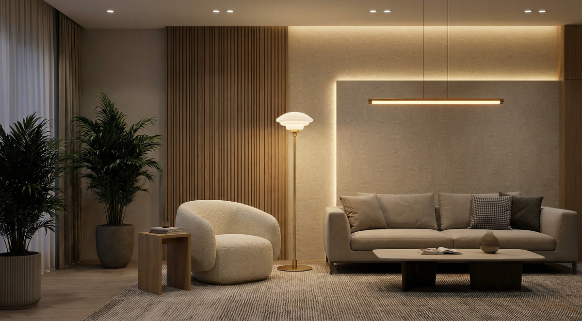 A Guocio Floor Lamp providing elegant ambient lighting in a modern living room as part of layered living room lighting design