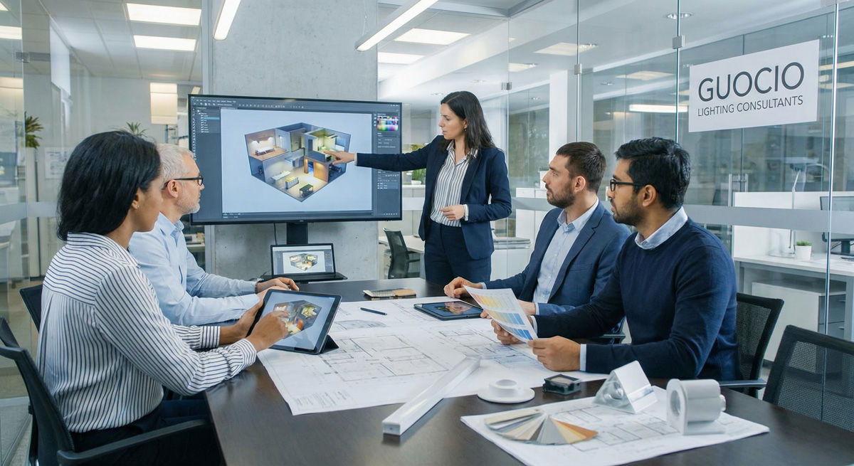 A Guocio lighting consultant conducting a professional needs analysis for Office lighting design.