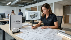 A Guocio lighting consultant reviewing professional Office lighting design plans for a corporate office renovation.