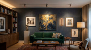 A beautiful living room showcasing expert living room lighting ideas with spot lights and wall lamps highlighting wall artwork.