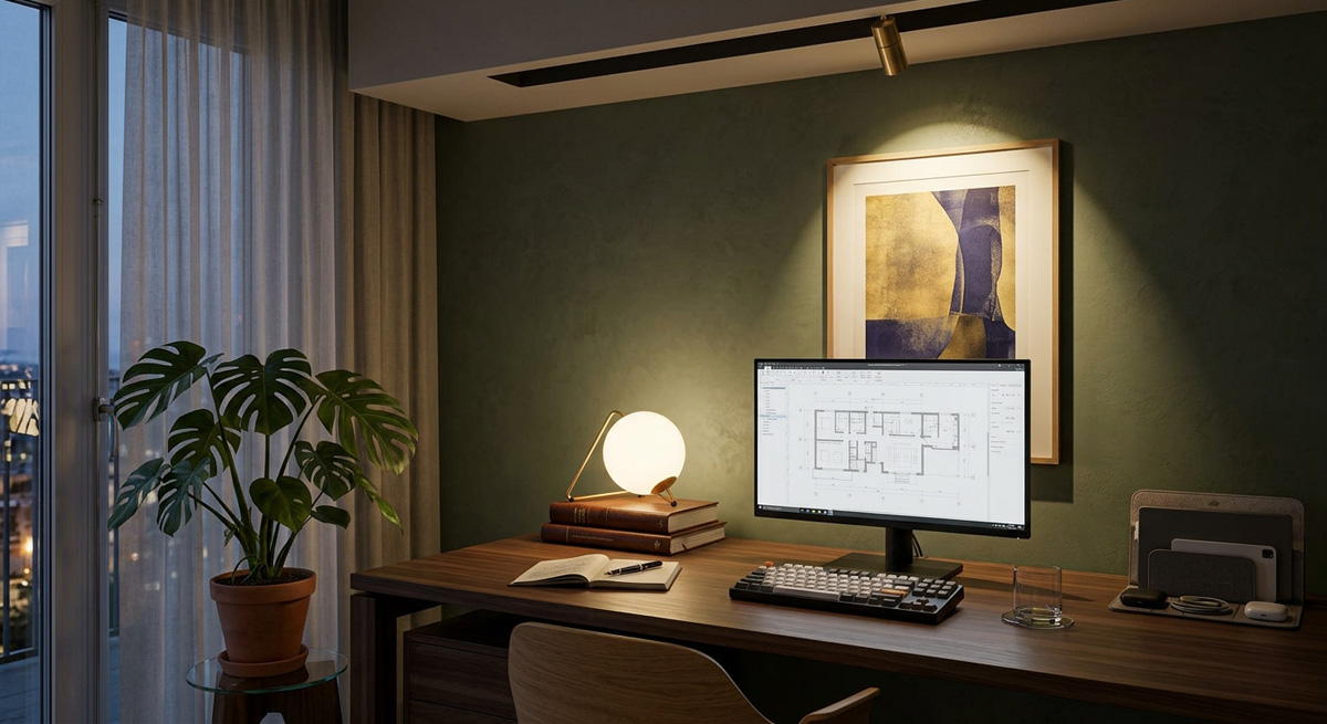 A beautifully illuminated home workspace demonstrating proper Home lighting design with a Table Lamp and Spot Light.