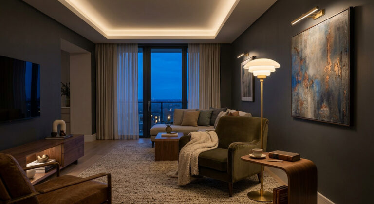 A beautifully styled living room featuring a Guocio Floor Lamp demonstrating expert Home lighting design and living room lighting ideas.