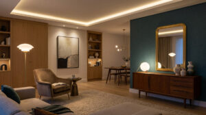 A beautifully styled living room featuring both a Guocio Floor Lamp and Table Lamp demonstrating layered Home lighting design.