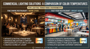 A comparison of warm 2700K fine dining restaurant lighting versus bright 4000K fast food lighting demonstrating Commercial Lighting Solutions.
