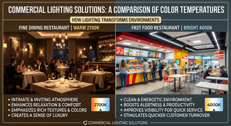A comparison of warm 2700K fine dining restaurant lighting versus bright 4000K fast food lighting demonstrating Commercial Lighting Solutions.