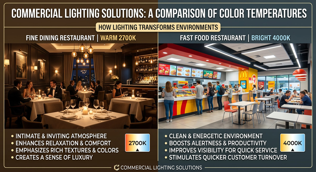 A comparison of warm 2700K fine dining restaurant lighting versus bright 4000K fast food lighting demonstrating Commercial Lighting Solutions.