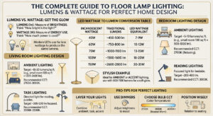 A comprehensive guide to Floor Lamp wattage and lumens for perfect Home lighting design in living rooms and bedrooms.