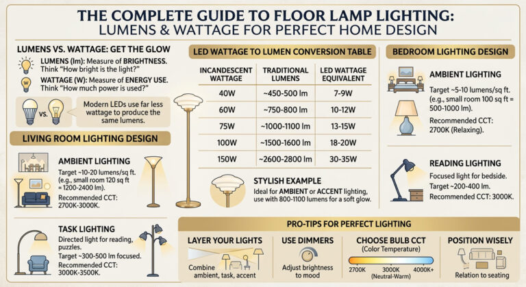 A comprehensive guide to Floor Lamp wattage and lumens for perfect Home lighting design in living rooms and bedrooms.