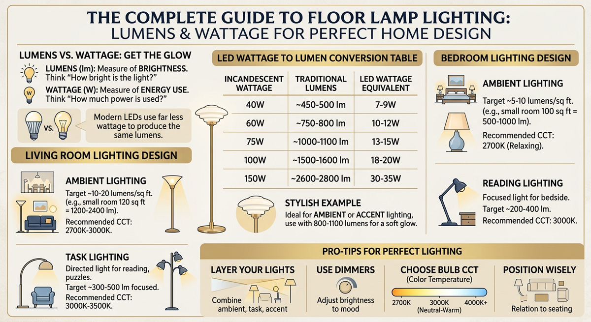 A comprehensive guide to Floor Lamp wattage and lumens for perfect Home lighting design in living rooms and bedrooms.