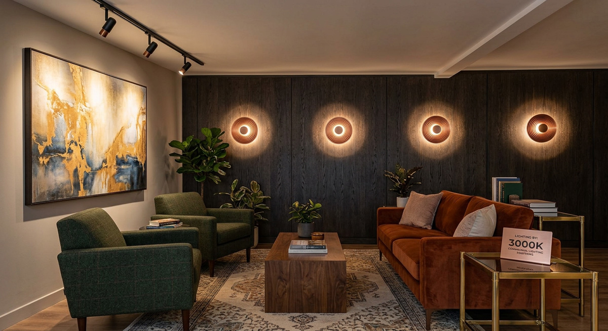 A cozy office lounge featuring warm 3000K Commercial Lighting Solutions and elegant Wall Lamps.