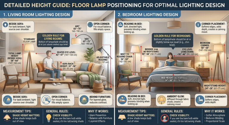 A detailed height guide showing proper Floor Lamp positioning for living room lighting design and bedroom lighting design.