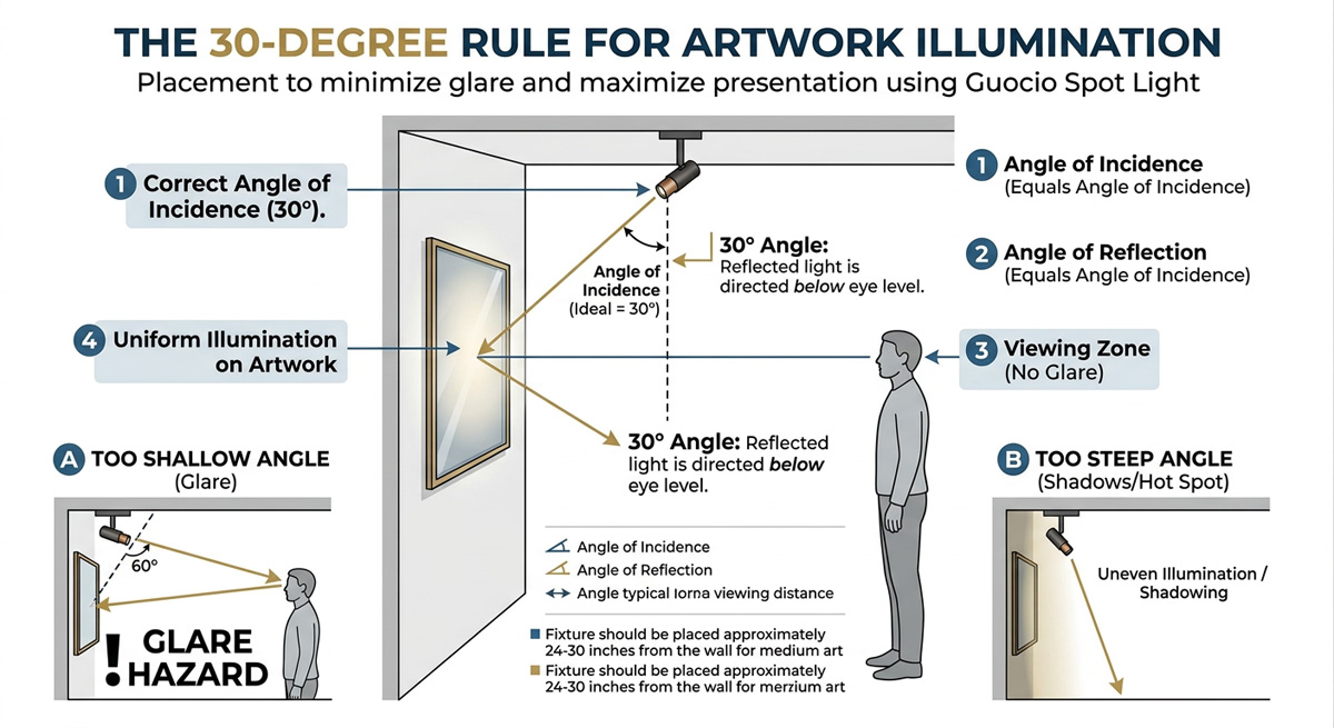 A diagram demonstrating the 30-degree rule for placing a Guocio Spot Light to illuminate artwork without glare.