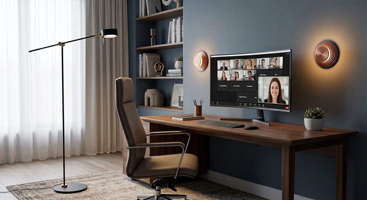 A home office demonstrating excellent Home lighting design with a Floor Lamp and Wall Lamp for shadow-free Zoom calls.