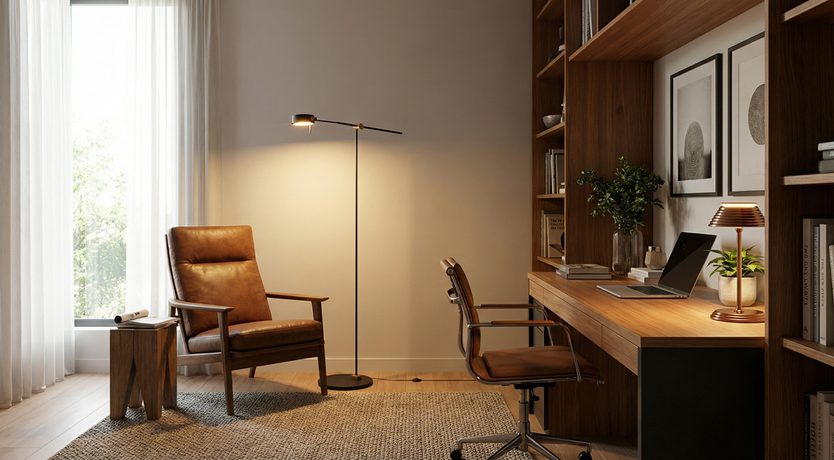 A home office setup demonstrating excellent Home lighting design balancing daylight with a Floor Lamp and Table Lamp.