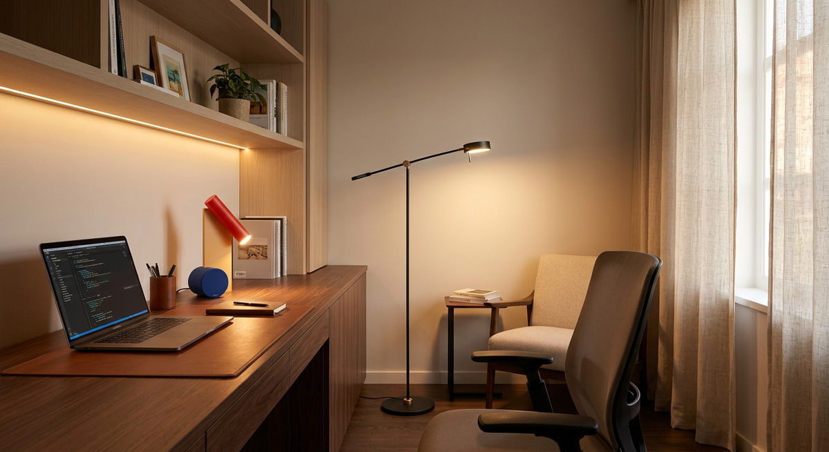 A home office setup showing excellent Home lighting design with a Guocio Table Lamp and Floor Lamp.