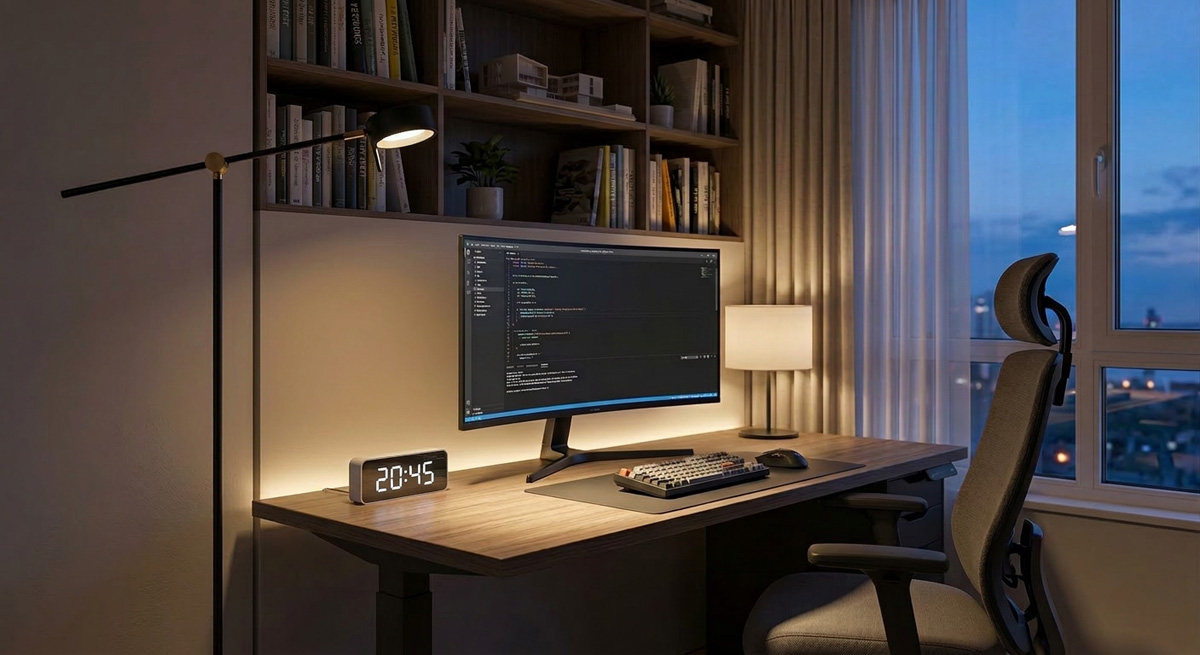 A home office setup showing proper Home lighting design with a Floor Lamp to achieve adequate lux levels.